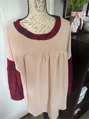 entro Cream Tunic Top with Red Plaid Trim